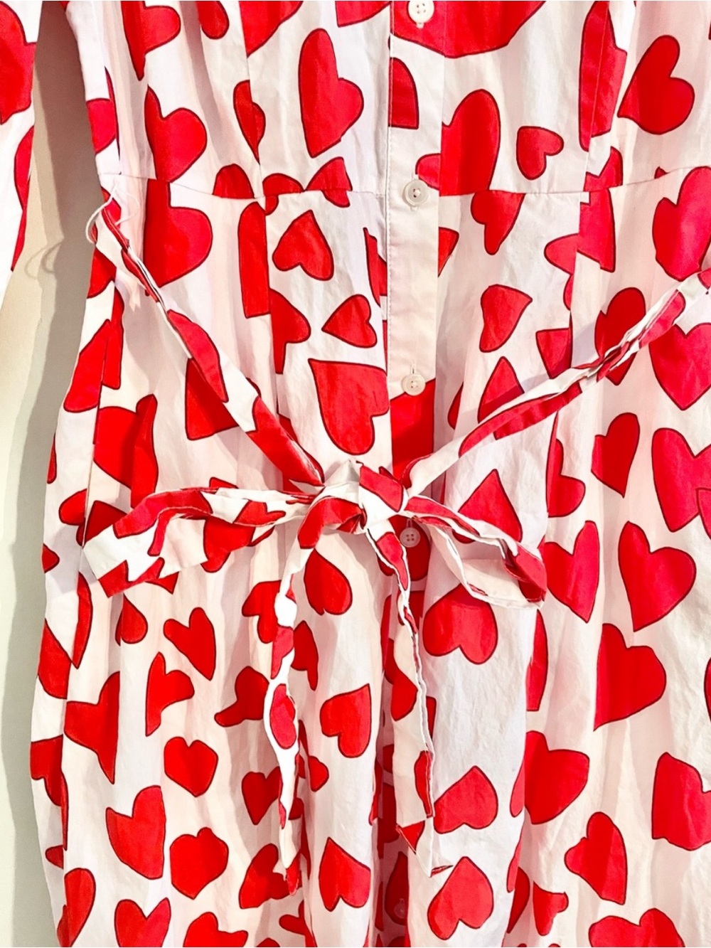 Boden Clara Red Heart-Print Button-Front Maxi Dress Tie Waist Sz US 4R UK 8R- EU - Picture 6 of 14